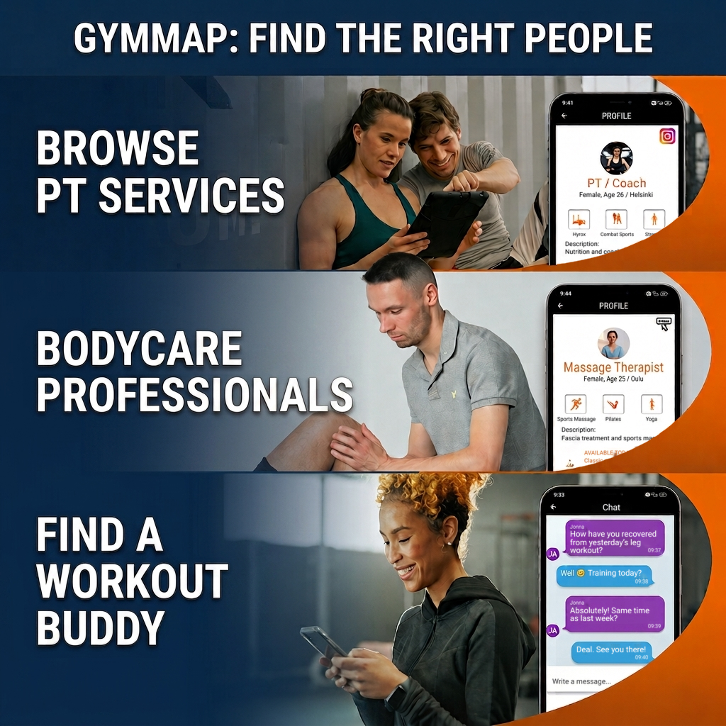 GymMap app: browse personal trainer services, find bodycare professionals and a workout buddy for the gym