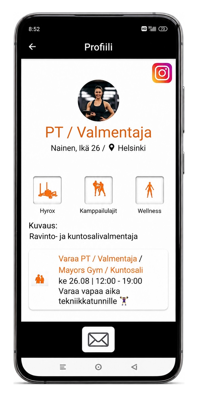 GymMap-sovelluksen valmentajaprofiili